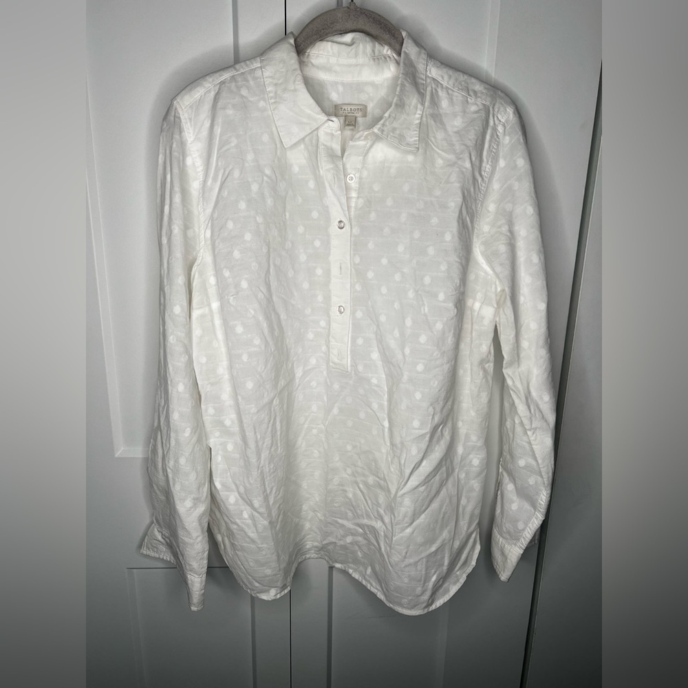 Talbots White Textured Dot Button Pullover Blouse… - image 1